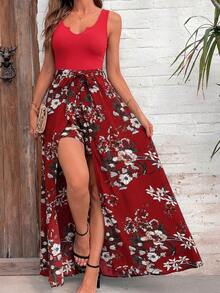 SHEIN Clasi 女士新款时尚梭织印花拼接针织连体裤 - 紅色 - 查看 6
