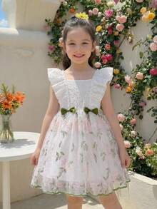 SHEIN Glamorique Kids 年轻女孩优雅象牙色提花喇叭袖连衣裙，绿色收腰设计，修身粉色花卉网纱泡泡裙派对礼服 - 白色 - 查看 6