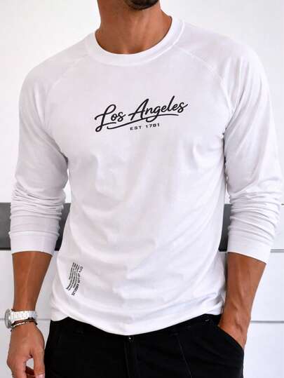 Playera Manga Larga Hombre Cuello Redondo Estampado Los Angeles Algodón Suave Ajuste Regular Estilo Urbano. envios nacionales