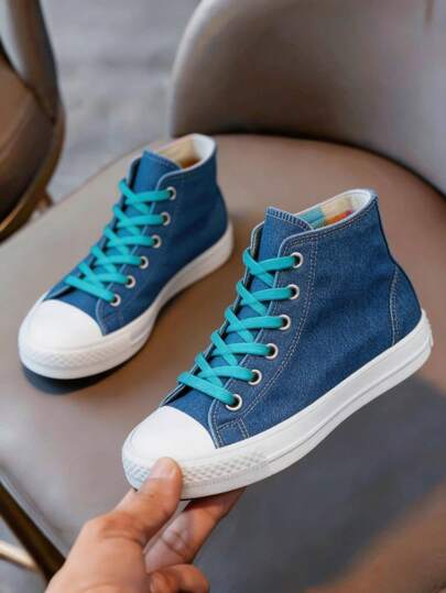 zapatillas de lona para niños y niñas lona color básico en azul mezclilla y azul rey con cordones de colores confort 100% lona excelente calidad liso 17 al 21 mx colores primavera
