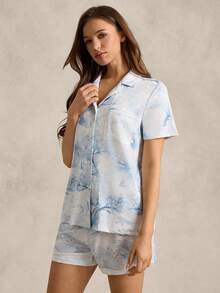 EverLounge Damen Vintage Britischer Stil Tier- und Baummuster Kragen Kurzarm Shorts Pyjama Set, Hellblau - Babyblau - Übersicht 4