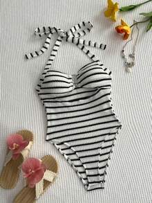 Elamini Body da donna con design creativo a righe sulla scollatura, casual, nuova collezione vacanze - Bianco - Visualizzare 3