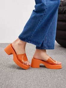 HighSole Woman Shoes Minimalist Thick Sole Single Band Fashion Summer Orange Wedge Slide Sandals For Summer Vacation Shoes Summer Party Baddie Chic Gorgeous Style Spring Shoes Spring Break Easter - Orange - View 4