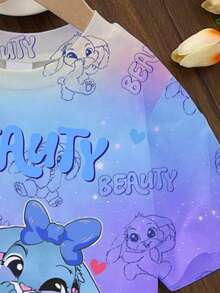 1 Set Tween Girls Blue Summer Cute Vacation Rabbit Heart Bow Letter Gradient Print Short Sleeve T-Shirt And Shorts Set,Casual Comfortable Fashion - Multicolor - View 4