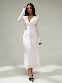 SHEIN PETITE Đầm lưới nữ cổ khoét sâu, mặt dây chuyền, viền bèo nhún, thích hợp cho tiệc tùng hoặc Giáng sinh. - trắng - Xem 6