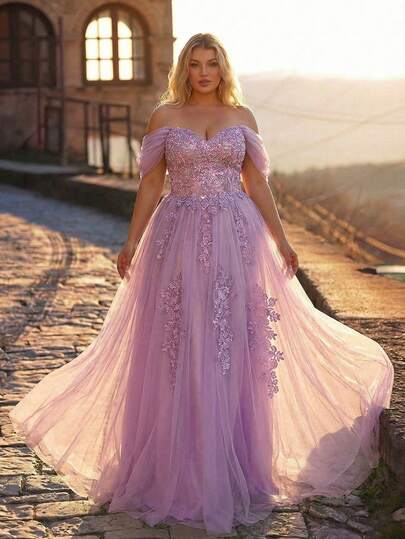 Aureia 大码优雅奢华紫色亮片刺绣网纱露肩泡泡袖贴花设计舞会礼服，适合晚宴、单身派对、约会、舞会、婚礼、度假正式场合（重工刺绣）