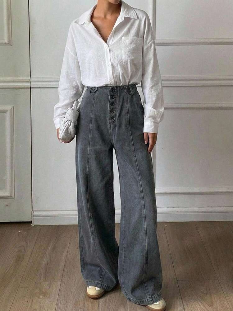 Solid Color Distressed Washed Loose Wide Leg Pleated Casual Street Style Women Long Pants, Spring/Summer
