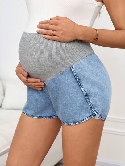 SHEIN 孕妇拼接休闲百搭日常牛仔短裤