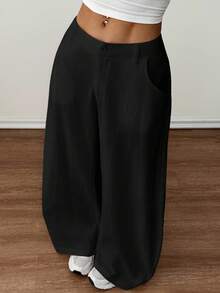 SHEIN PETITE Women's Casual Wide Leg Flare Pants - Black - View 7