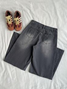 Attitoon 复古性感修身洗水钻缀饰阔腿牛仔裤 牛仔裤 闪光牛仔裤 水钻牛仔裤 - 灰色 - 查看 2