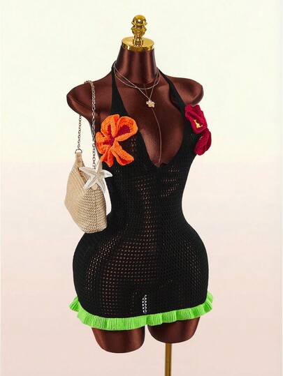 Amplova Đầm ngắn dệt kim gợi cảm cổ chữ V khoét sâu họa tiết hoa 3D năm 2026 dành cho nữ