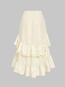 Skyraze Women's Cream White Summer Western Skirt,Drawstring Ruched Knot Schiffy Ruffle Asymmetrical Hem,Vacation Holiday Outfits,Concert Party Boho Y2K Skirt - Apricot - View 6
