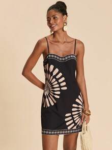 Travachic Váy hai dây họa tiết hình học phong cách thường ngày cho kỳ nghỉ - màu đen - Xem 5