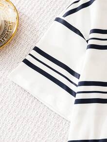 SHEIN Mirajuku Tween BoyFashionable Striped Print T-Shirt And Denim Shorts Set, Summer - Blue - View 5