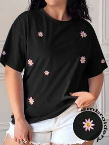Solflare Plus Size Beach Vacation Outfits,Casual Blue Daisy Embroidered Short Sleeve T-Shirt,Spring Summer Clothes - Multicolor - View 5