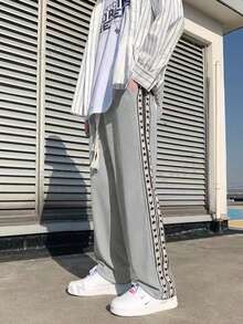 Claim Dot 宽松男士撞色侧边饰带裤 - 淺灰色 - 查看 2