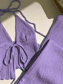 Flirla Women's Textured Pleated Halter Neck Tank Top And Loose Wide Leg Pants Set Two Piece Summer Sets Leisure Two Piece Set - Purple - View 4