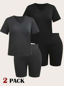 SHEIN EZwear Plus Size Summer Casual Black & Gray 2-Piece Set,V-Neck Short Sleeve Loose T-Shirt & Stretchy Soft Knit Cycling Shorts,Gym Outfits For Music Festival - Multicolor - View 9