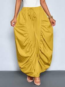 SOLERSUN 女士时尚纯色宽松休闲裤，褶裥设计，大口袋，松紧腰带，阔腿版型，适合日常穿着。 - 芥末黃 - 查看 3