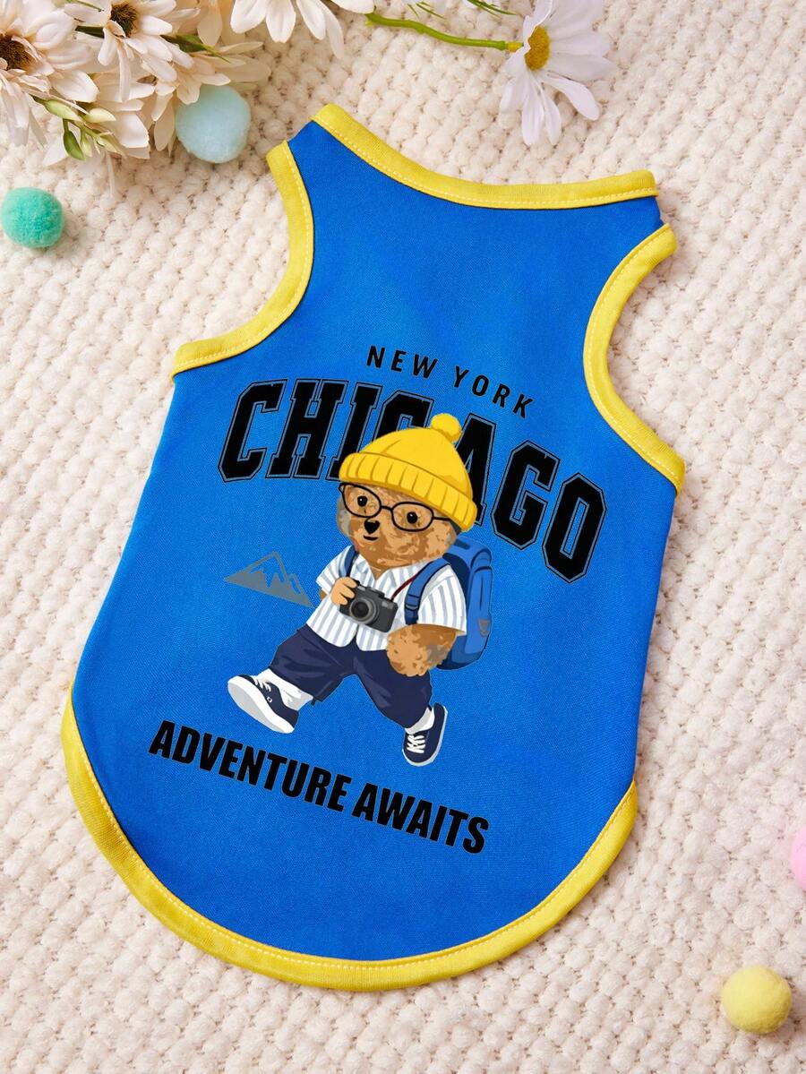 PETSIN 1件可爱小熊背包客字母印花宠物背心 黄色拼接蓝色 柔软透气宠物服装 - 彩色 - 查看 1
