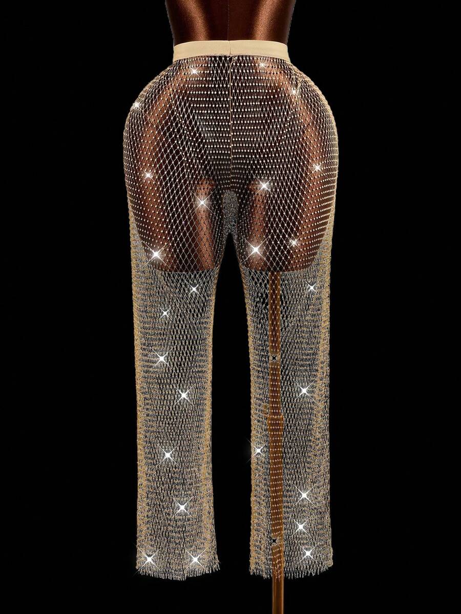 Mistrie 女士水钻镂空休闲百搭阔腿裤，适合日常穿着 - 金色 - 查看 1