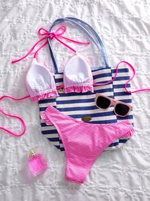 Swim Mod Bộ bikini hai mảnh gợi cảm dành cho nữ, kiểu dáng mùa hè, đi nghỉ mát bên bờ biển, chất liệu vải kẻ sọc phối màu tinh tế, điểm nhấn là họa tiết hoa xinh xắn cùng mặt dây chuyền hình sao biển và vỏ sò bằng kim loại tinh xảo, kiểu dáng hở lưng và buộc dây. - Nhiều màu - Xem 2