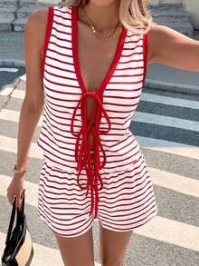 Easowa 2pcs Apricot White Knit Textured Striped Women Top And Shorts Set, Retro Style - Red and White - View 3