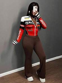 Slaydiva 简约休闲女式秋冬弹力撞色字母数字印花图案T恤，半拉链领口、V领、紧身长袖 - 彩色 - 查看 6