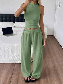 SHEIN EZwear 女士夏季休闲度假露背上衣和裤子套装 女士度假套装 两件套休闲套装 女士夏季两件套 女士两件套休闲套装 女士春季套装 女士两件套休闲套装 休闲两件套 女士两件套 女士套装 女士两件套 两件套套装 两件套夏季套装 - 橄欖綠 - 查看 5