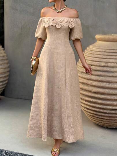 Selianne Đầm maxi dáng chữ A trễ vai tay phồng, họa tiết hoa 3D dành cho nữ, trang phục thường ngày thoải mái cho mùa xuân/hè.