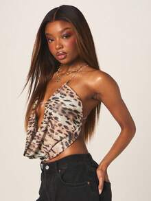 MISSGUIDED Women's Leopard Print One Shoulder Crop Top With Rhinestone Chain Straps And Plunging Neckline For Party Clubwear - Multicolor - View 1