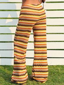 SHEIN EZwear Women's Casual Striped Drawstring Waist Wide Leg Pants, Summer - Multicolor - View 2