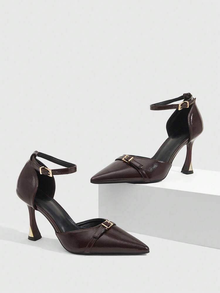 CUCCOO SZL Women's High Heels Pointed Toe Back Help Buckle Adjustable 9CM Women's Elegant Stiletto Shoes PU Material Brown High Heels Fashion Versatile Suitable For Daily/Party/Thanksgiving/Dating/Commuting/Formal Women's Shoes