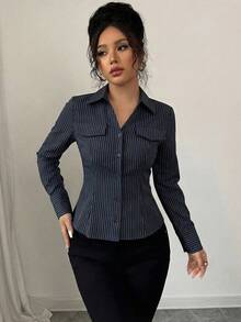 DAZY Women's Casual Everyday Office Commute Turndown Collar Striped Print Fitted Shirt, Spring/Autumn - Navy Blue - View 6