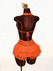 Amplova Mono con lentejuelas sexy y con espalda descubierta para mujer - Naranja - Ver 8