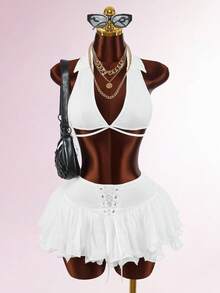 Amplova Women's Summer Fashion Solid Color Cross-Tied Ruffle Hem Skirt Night White Sexy - White - View 4