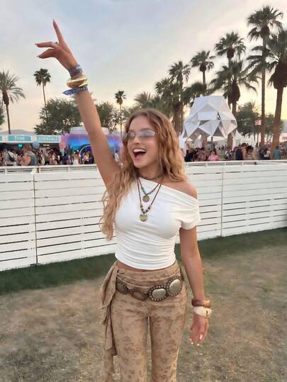 SHEIN MOD 女士针织不对称肩部上衣，腰部和袖口褶皱设计，休闲简约夏季T恤