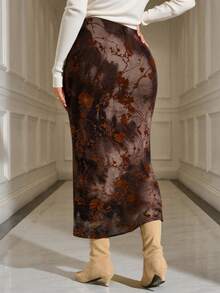 Hourglow 大码女式印花扎染铅笔裙，适合沙漏型身材/2026/新年 - 棕色 - 查看 2