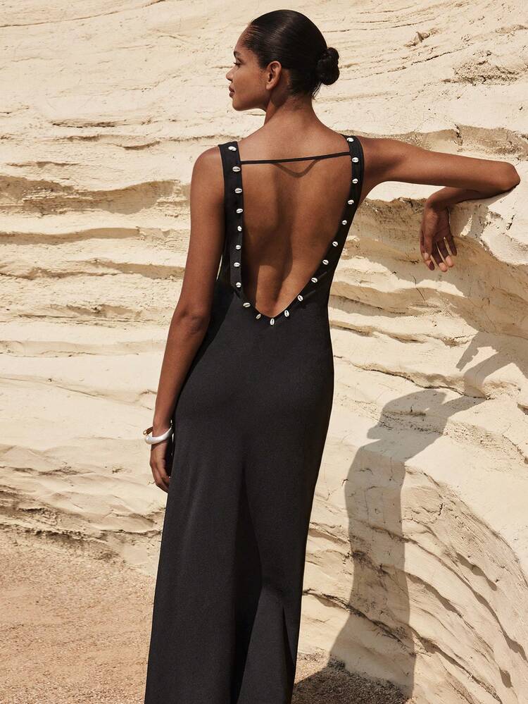 SHEIN Maija Women's V-Neck Sleeveless Long Dress With Backside Shell Design,Summer Dresses For Women