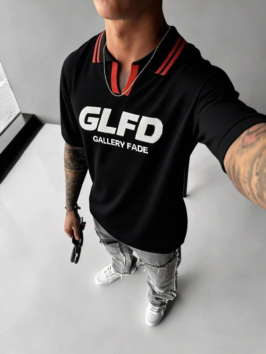 GALLERY FADE Camiseta de punto de manga corta con estampado de letras para hombre - Negro - Ver 1