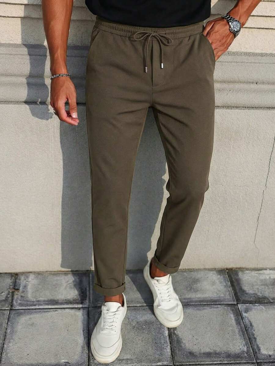 男士纯色高腰抽绳休闲裤，裤脚收口 - 橄欖綠 - 查看 1