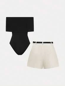 GlowEve 1 Set Black Off-Shoulder Jumpsuit & Beige Shorts, Elegant Women's 2 Pieces Set (Including Belt) - Beige - View 2