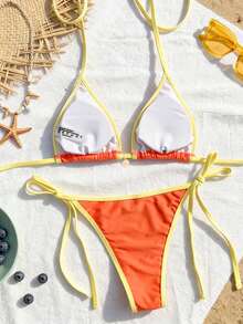 Swim Mod Women's New Solid Color Triangle Cup Bikini Set, Sexy Tie-Up Contrast Color Swimsuit 2 Pieces - Orange - View 2