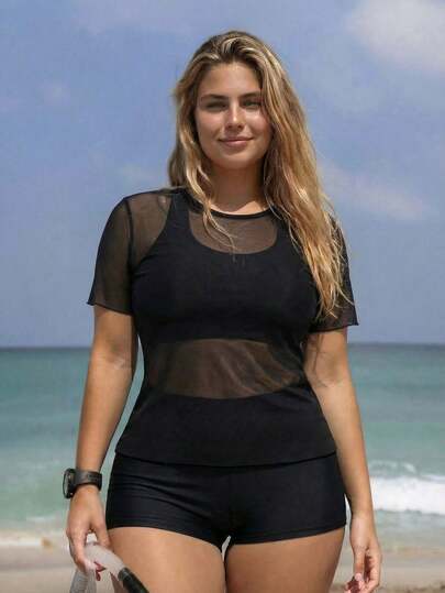 Swim SPRTY 大码女式三件套纯色网纱罩衫、吊带背心、文胸和短裤比基尼套装，适合海滩、度假、冲浪和运动。