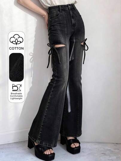 FRIFUL Women's Solid Color Minimalist Daily Tie-Up Denim Jeans