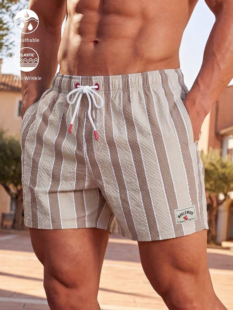 Manfinity VDAYZ Men's Striped Print Drawstring Waist Beach Shorts - Khaki - View 1