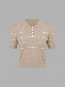 BizChic Women's Polo Collar Knit Top,Beige,Summer,Elegant And Classy,Everyday,Back-To-School,Business Casual Office Outfits,Versatile Retro Striped Blouses - Khaki - View 8