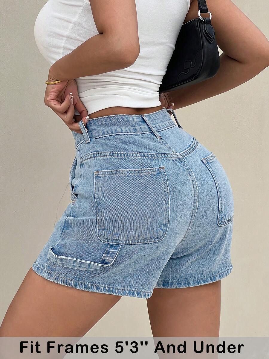 SHEIN PETITE 女士高腰口袋休闲百搭牛仔短裤 - 淺色水洗藍 - 查看 1