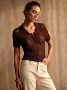 MOTF PREMIUM POLO COLLAR KNIT SHORT SLEEVE HOLLOW-OUT UNIQUE SUMMER TOP - Coffee Brown - View 1