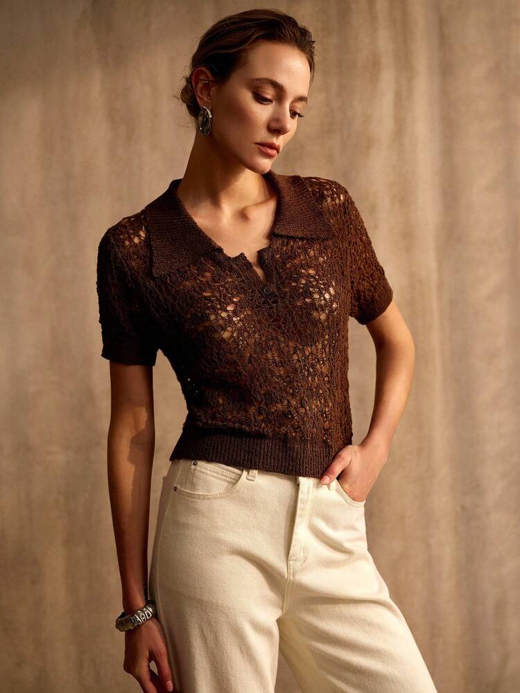 POLO COLLAR KNIT SHORT SLEEVE HOLLOW-OUT UNIQUE SUMMER TOP